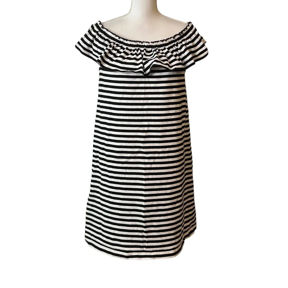 Kate Spade‎ Off the Shoulder Striped Cotton Jersey Knit Dress Sz XL Black White